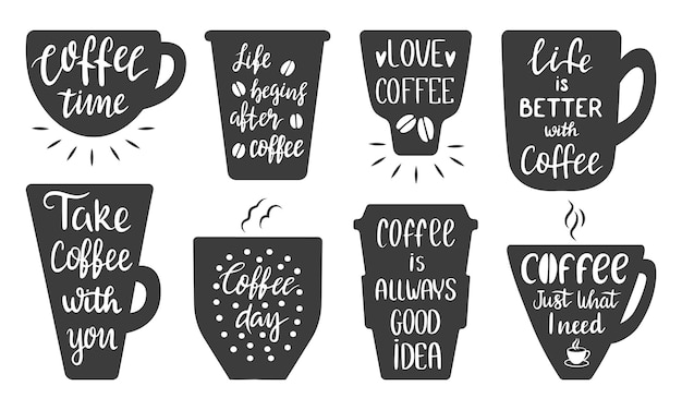 Frases de café insignias tazas y tazas siluetas con frases matutinas motivacionales creatividad pegatinas escritas a mano diseño conjunto vectorial neotérico
