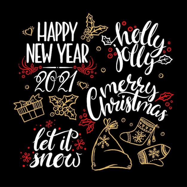 Vector frases de caligrafía de navidad y año nuevo sobre un fondo negro. elementos de diseño escritos a mano