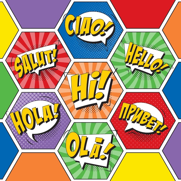 frases hola, hola, ligustro, ola, hola, ciao, salut en burbujas de discurso cómico en estilo retro pop art