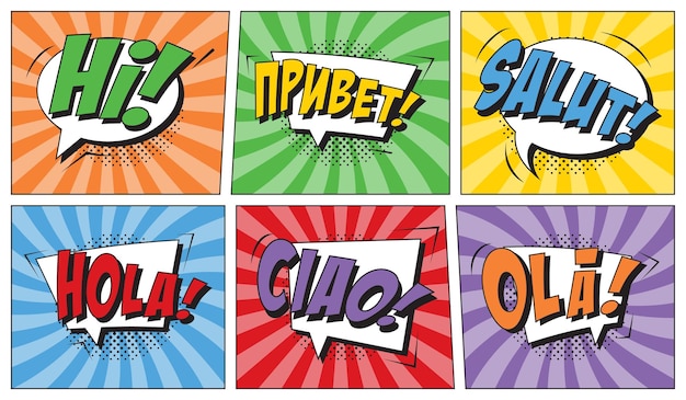 frases hola, hola, ligustro, ola, hola, ciao, salut en burbujas de discurso cómico en estilo retro pop art