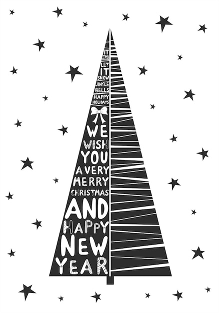 Vector frases de letras en un árbol de navidad negro con estrellas