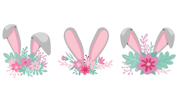 Frases de Pascua Plantillas de tarjetas de felicitación de texto con huevos de Pascua orejas de conejo y flores de primavera Conjunto