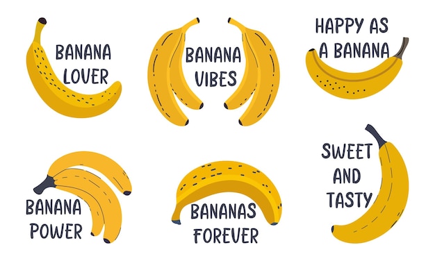 Frases de plátano aisladas en blanco Frutas planas lindas y citas con letras Diseño de impresión dibujado a mano Frases divertidas para pegatinas tarjetas postales y carteles Ilustración vectorial