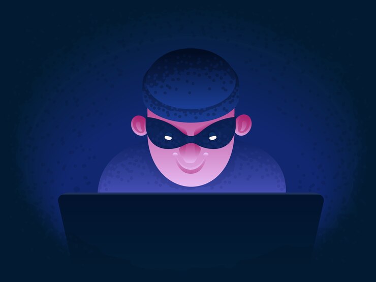 Vector fraude de internet. hacker detrás de un monitor de computadora portátil. phishing y vigilancia. robo de identidad y piratería de tarjetas bancarias y correo electrónico. delito cibernético. ilustración en estilo de dibujos animados.