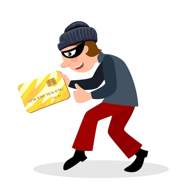 Vector fraude en línea ladrón cibernético roba dinero detalles de la tarjeta de crédito dibujos animados vectoriales planos