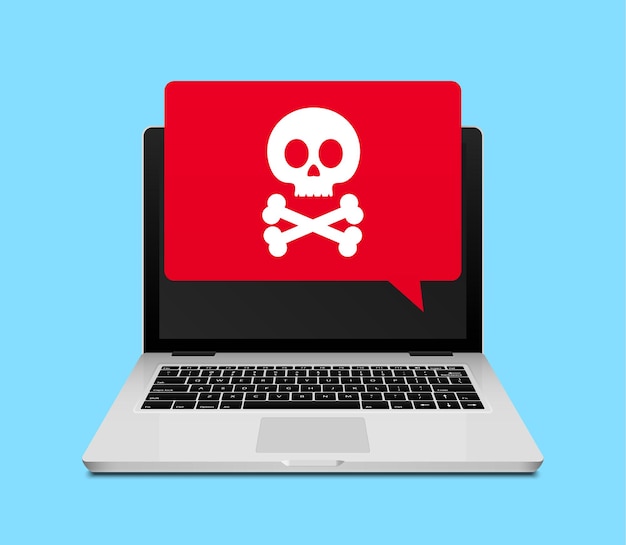 Fraude de virus de computadora portátil o notificación de spam. Icono de alerta de virus en línea de Internet.