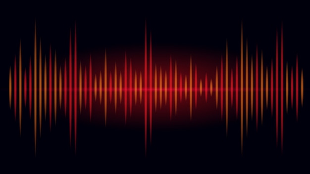 Vector frecuencia en color rojo y naranja de la onda de sonido sobre fondo negro. ilustración sobre visual de audio.