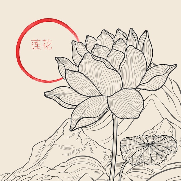 Vector freehand de un loto con finas líneas elegantes contra un paisaje de montaña y enso zen lotus