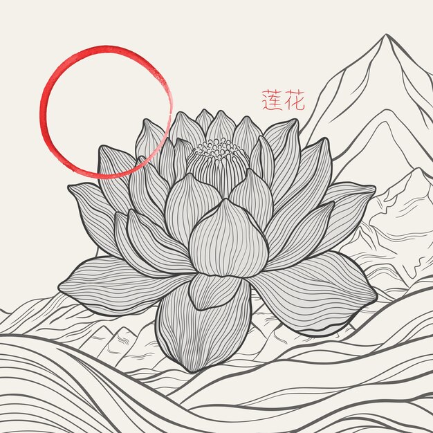 Freehand de un loto con finas líneas elegantes contra un paisaje de montaña y enso zen lotus