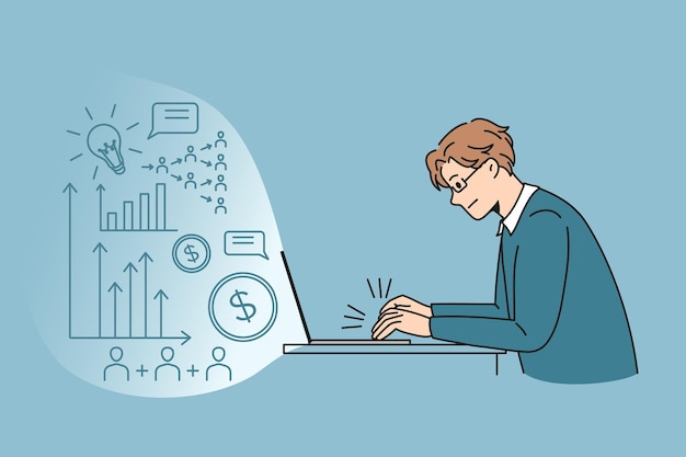 Freelance, innovación y concepto de puesta en marcha. Hombre de negocios joven sentado trabajando en la computadora portátil innovando proyecto empresarial en línea haciendo dinero ilustración vectorial