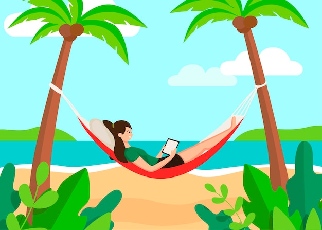 freelance junto al mar. Chica junto al mar yace en una hamaca