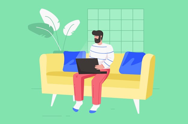 Freelance trabajando en un cómodo concepto de piso moderno de oficina. El hombre feliz trabaja en un sofá sentado en una laptop. Freelancer masculino haciendo tareas en línea. Ilustración de vector con escena de personas para diseño de banner web