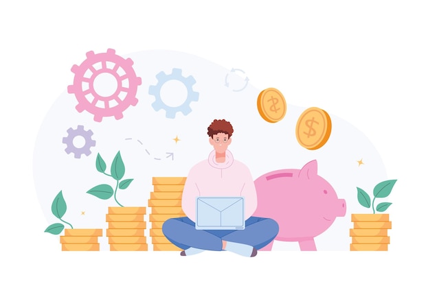 Freelancer ahorro ganancias Hombre con portátil ganar dinero fácil en línea relajarse trabajar acciones bancarias aumentar las ganancias freelance ingresos pasivos
