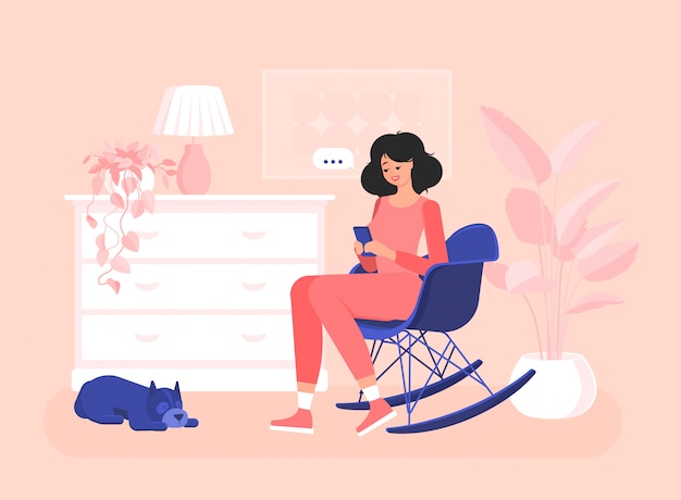 Freelancer chica está sentada en un sillón