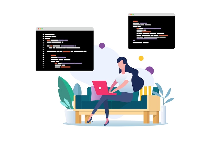 Vector freelancer escribiendo código en una computadora portátil desarrollador de software trabajando en casa