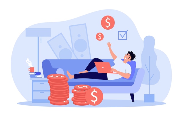 Freelancer exitoso feliz trabajando y ganando dinero en casa.