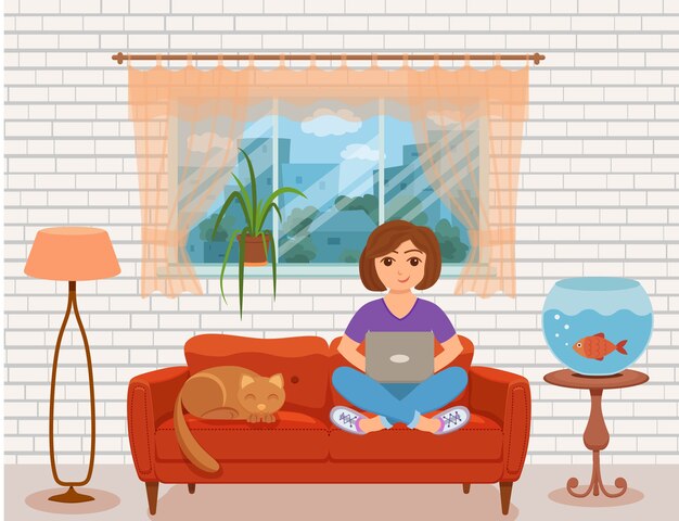 Freelancer feliz joven trabajando en el sofá en la sala de estar de casa. Ilustración de niña sentada con la computadora y usando la computadora portátil estudiando o haciendo una red en el interior de la casa estilo plano interior