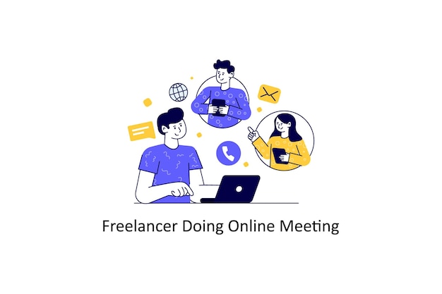 Freelancer haciendo reuniones en línea Diseño de estilo plano Ilustración vectorial Stock ill