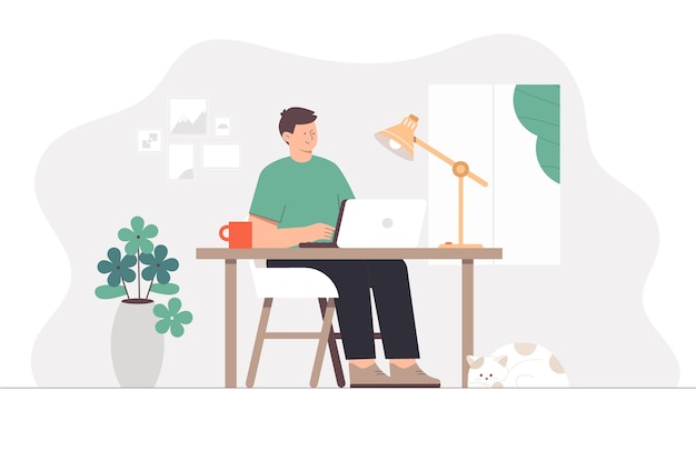 Freelancer hombre que trabaja con un portátil en una acogedora habitación
