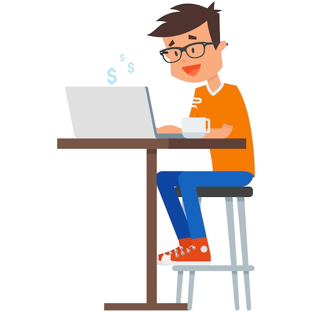 Freelancer con laptop en la ilustración de vector de mesa de café