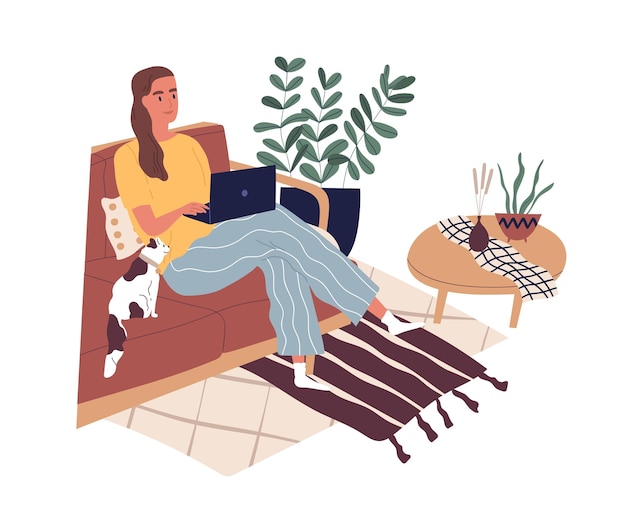 Freelancer sentado con una laptop trabajando en casa durante la cuarentena. Mujer joven moderna sentada en el sofá y estudiando en línea. Rutina diaria. Ilustración de vector plano aislado sobre fondo blanco.