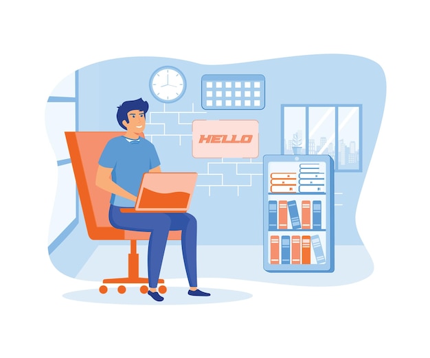 Un freelancer trabaja detrás de una computadora portátil en el lugar de trabajo de la oficina en el hogar. Ilustración moderna de vector plano