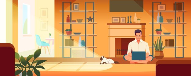 Vector freelancer trabajando en casa con una computadora portátil en un interior soleado y acogedor trabajando disfrutando del tiempo en casa en cuarentena pandemia de coronavirus estilo de dibujos animados ilustración vectorial