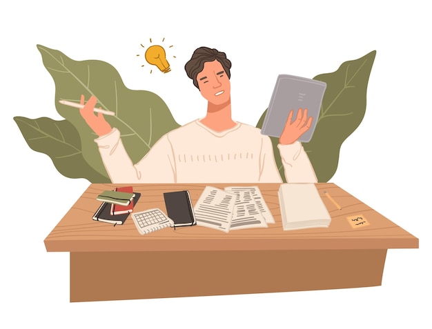 Freelancer trabajando en la idea del artículo Periodista con notas pensando en el texto Redactor que se ocupa del contenido Hombre que usa la narración para textos Estudiante que hace la tarea Vector en estilo plano