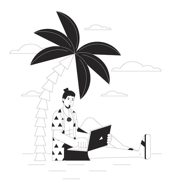 Freelancer en vacaciones bw concepto vector spot ilustración Hombre caucásico con computadora portátil trabajando 2D dibujos animados línea plana monocromática personaje para diseño de interfaz de usuario web Imagen de héroe de contorno aislado editable