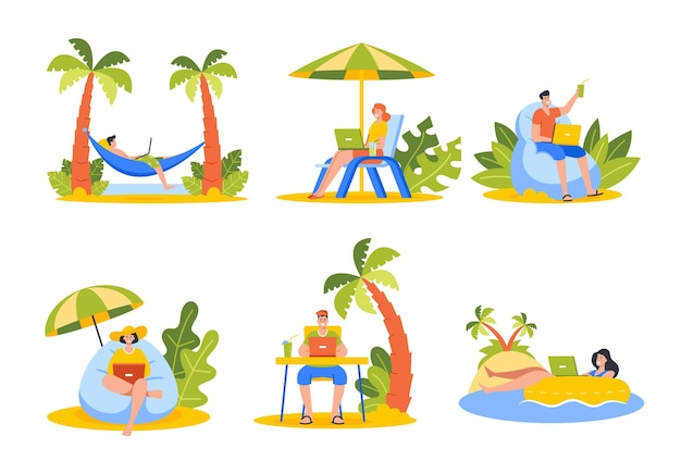 Freelancers personajes masculinos y femeninos que trabajan en la playa en tropical resort. la gente usa ropa de verano sentada en una tumbona y una hamaca debajo de una palmera trabajando en una computadora portátil. ilustración vectorial de dibujos animados