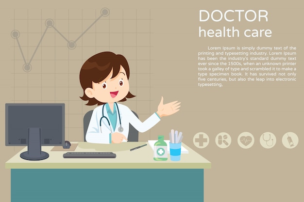 Freemale Doctor presente y sentado a la mesa