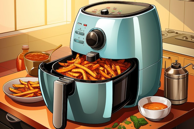 Vector freidora de cocina de cuenco abierto con papas fritas preparadas dispositivo electrónico para cocinar alimentos