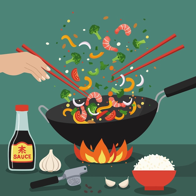 Freír verduras y camarones en un wok con palillos