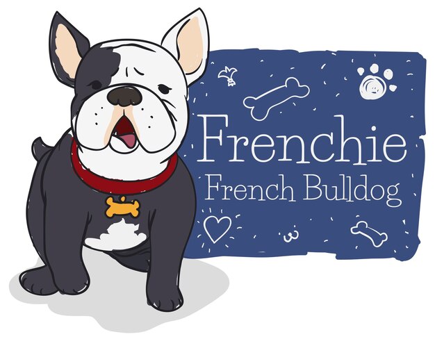 Frenchie feliz o bulldog francés y cartel decorado con garabatos