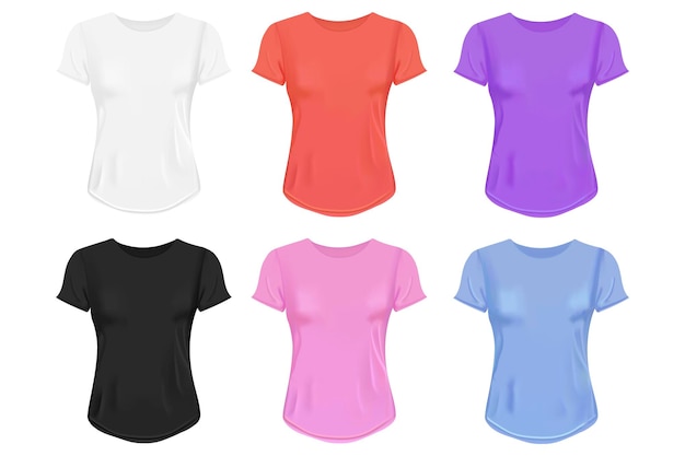 Vector frente de camisetas femeninas aisladas realistas en varios colores