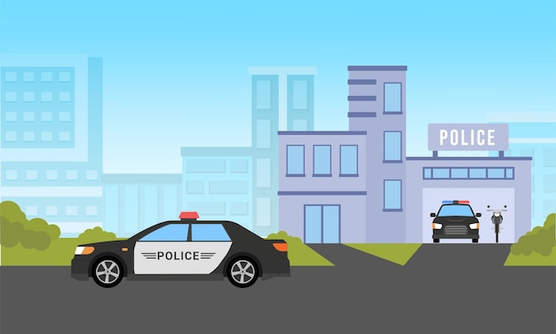 El frente del coche de policía en el departamento de la oficina de policía vista del paisaje de la ciudad fondo ilustración de diseño de estilo plano