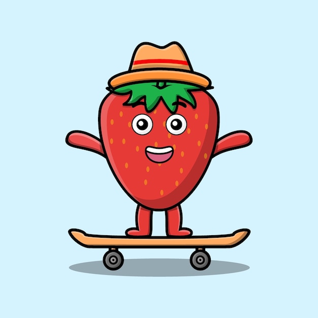 fresa de dibujos animados lindo de pie en patineta con estilo de ilustración vectorial de dibujos animados