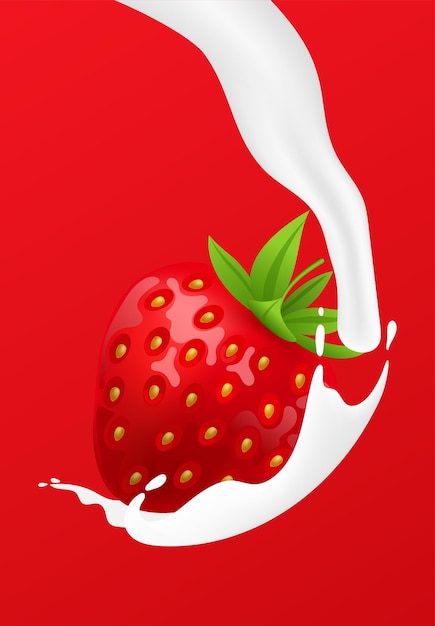 Fresa entera Baya suave madura roja fresca con salpicaduras de líquido de leche y vierta crema de yogur que fluye