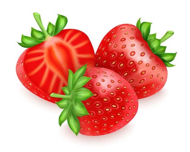 Fresa entera y media fresa Composición realista de bayas Alimentos naturales saludables Deliciosas bayas crudas frescas Postre orgánico de verano Frutas jugosas Ilustración aislada en vector 3d