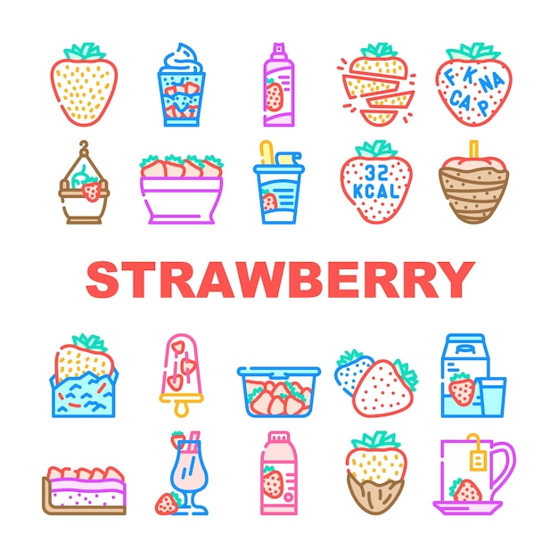 Fresa fruta fresca baya roja iconos conjunto vector comida blanco medio corte hoja verde dulce jugoso rebanada maduro postre orgánico verano fresa fruta fresca baya roja color línea ilustraciones