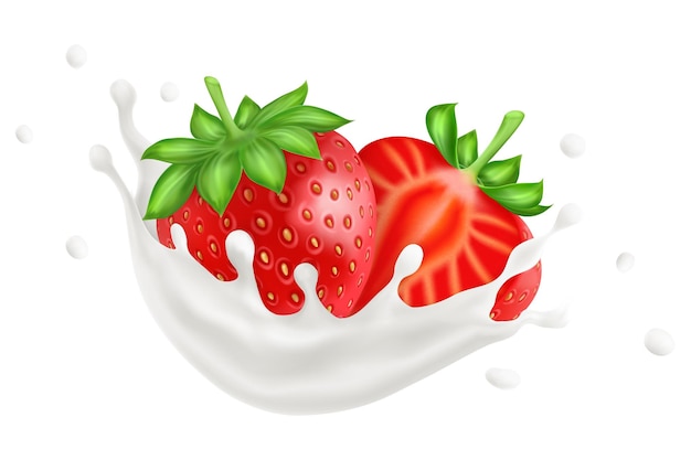 Fresa en leche salpicaduras líquidas blancas y bayas frescas rojas embalaje de yogur o helado elemento de decoración publicidad de batido o jugo objeto aislado 3D ilustración vectorial realista