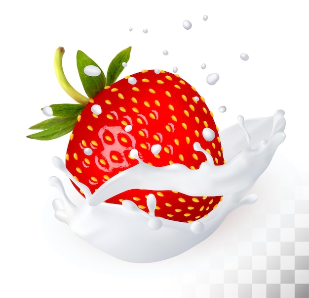 Fresa roja en un chorrito de leche sobre un fondo transparente. vector.