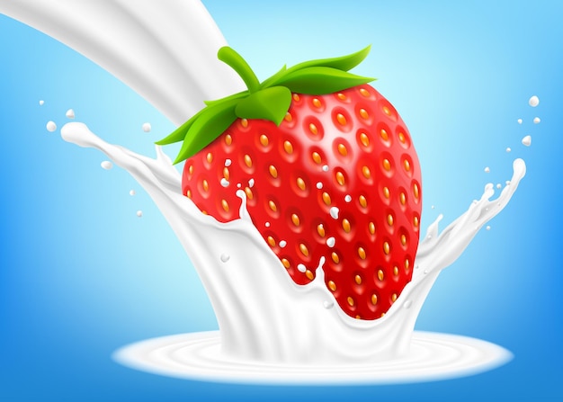 Fresa roja fresca en un chorrito de leche o yogur La baya fresca cae en la leche 3d ilustración vectorial realista aislada sobre fondo azul Alimentos dulces Fruta orgánica