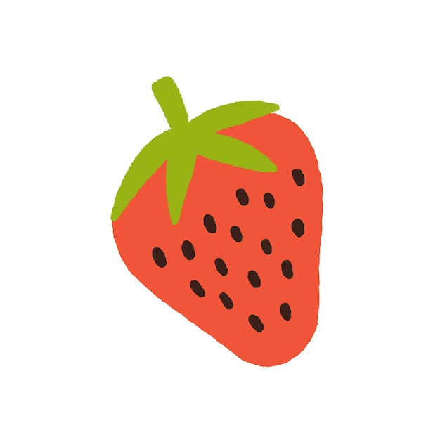 Fresa con semillas y hojas. Icono de bayas rojas maduras frescas. Dulce comida natural de jardín al estilo garabato. Ilustración de vector plano aislado sobre fondo blanco