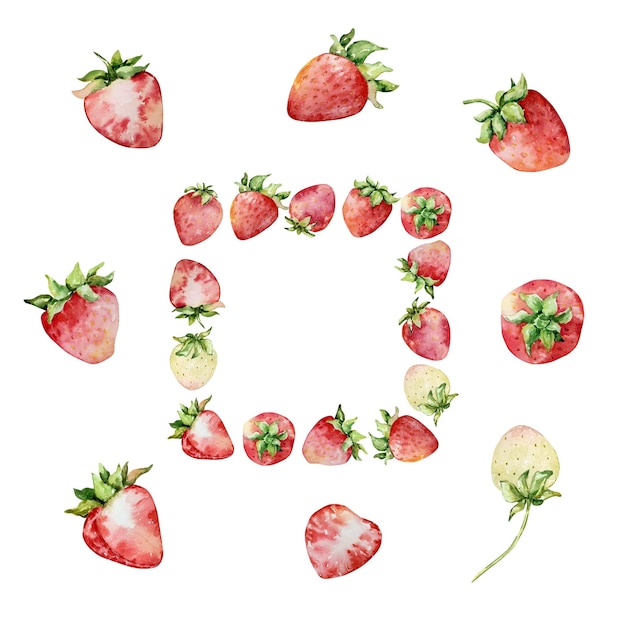 Fresas de acuarela con corona de bayas rojas