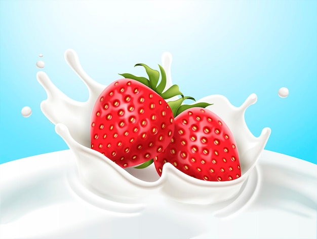 Fresas cae en la leche en la ilustración 3d sobre fondo azul.