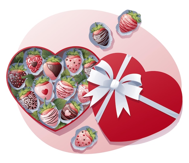 Fresas en chocolate en una caja en forma de corazón Hermoso regalo sobre un fondo blanco Ilustración del vector del día de San Valentín