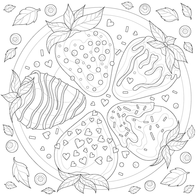 Fresas cubiertas de chocolate. Dulces. Libro de colorear antiestrés para niños y adultos. Ilustración aislada sobre fondo blanco. Estilo Zen enredo.
