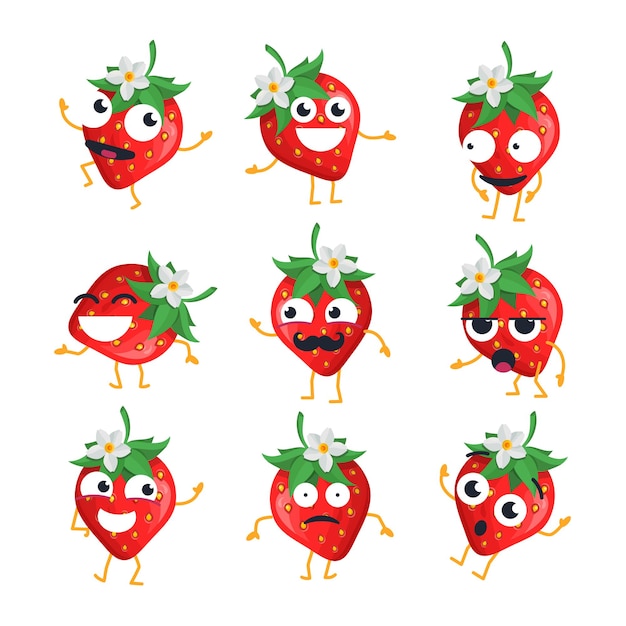 Fresas - emoticonos de dibujos animados vector aislado. emoji divertido con un personaje agradable. una colección de una fruta enojada, sorprendida, feliz, confundida, loca, riendo, triste, cansada sobre fondo blanco