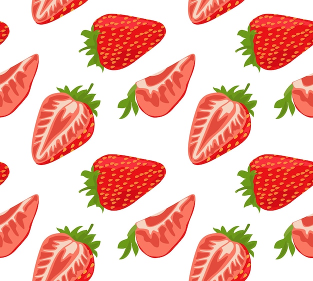 Fresas enteras y cortadas en trozos con hojas patrón transparente en vector patrón de verano brillante